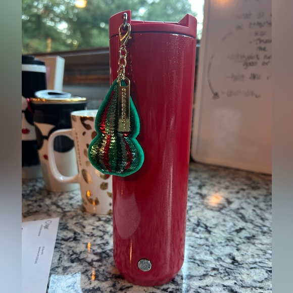 EUC 16oz Starbucks Red with gold glitter Travel Mug with removable tree Keychain - Picture 1 of 4
